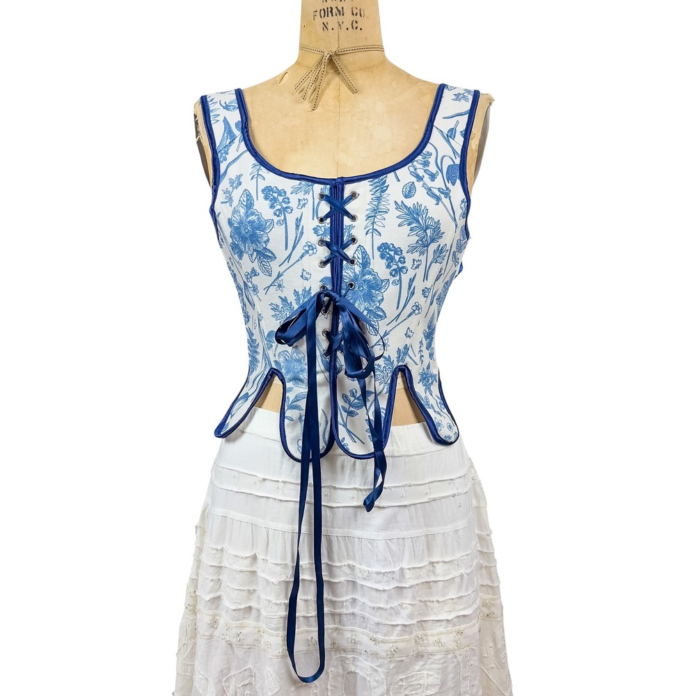 Scarlet Darkness Blue Toile Floral Corset Bustier Top Lace Up Boned Renfaire L
